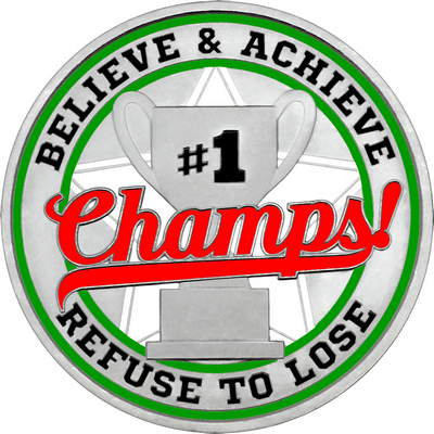 Red "Champs!" with Green Outer Circular Borders